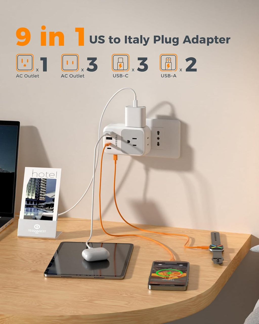 TESSAN Italy Travel Plug Adapter 28W, Italy Power Adapter, 2 Packs