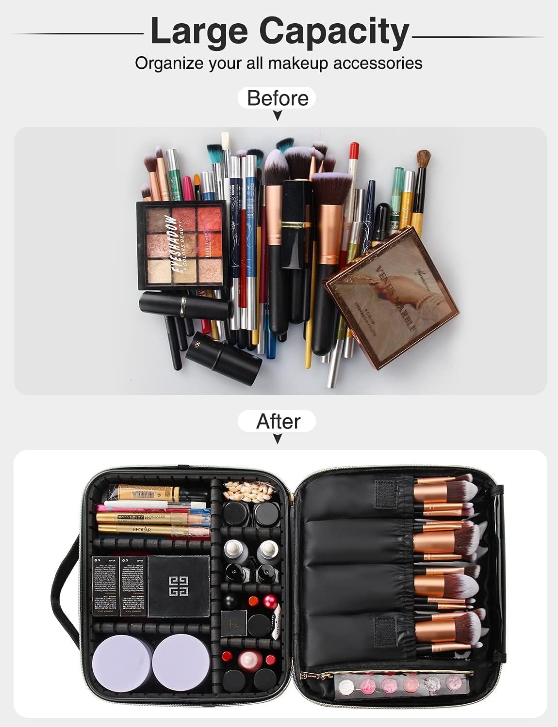 Relavel Travel Makeup Train Case Makeup Cosmetic Case Organizer Portable Artist Storage Bag with Adjustable Dividers for Cosmetics Makeup Brushes Toiletry, Black with Gold Zipper