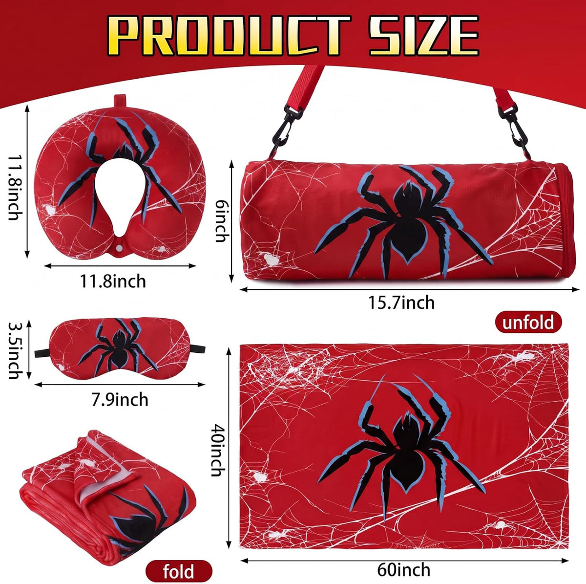 Moukeren 4 Pcs Spider Travel Pillow and Blanket Set