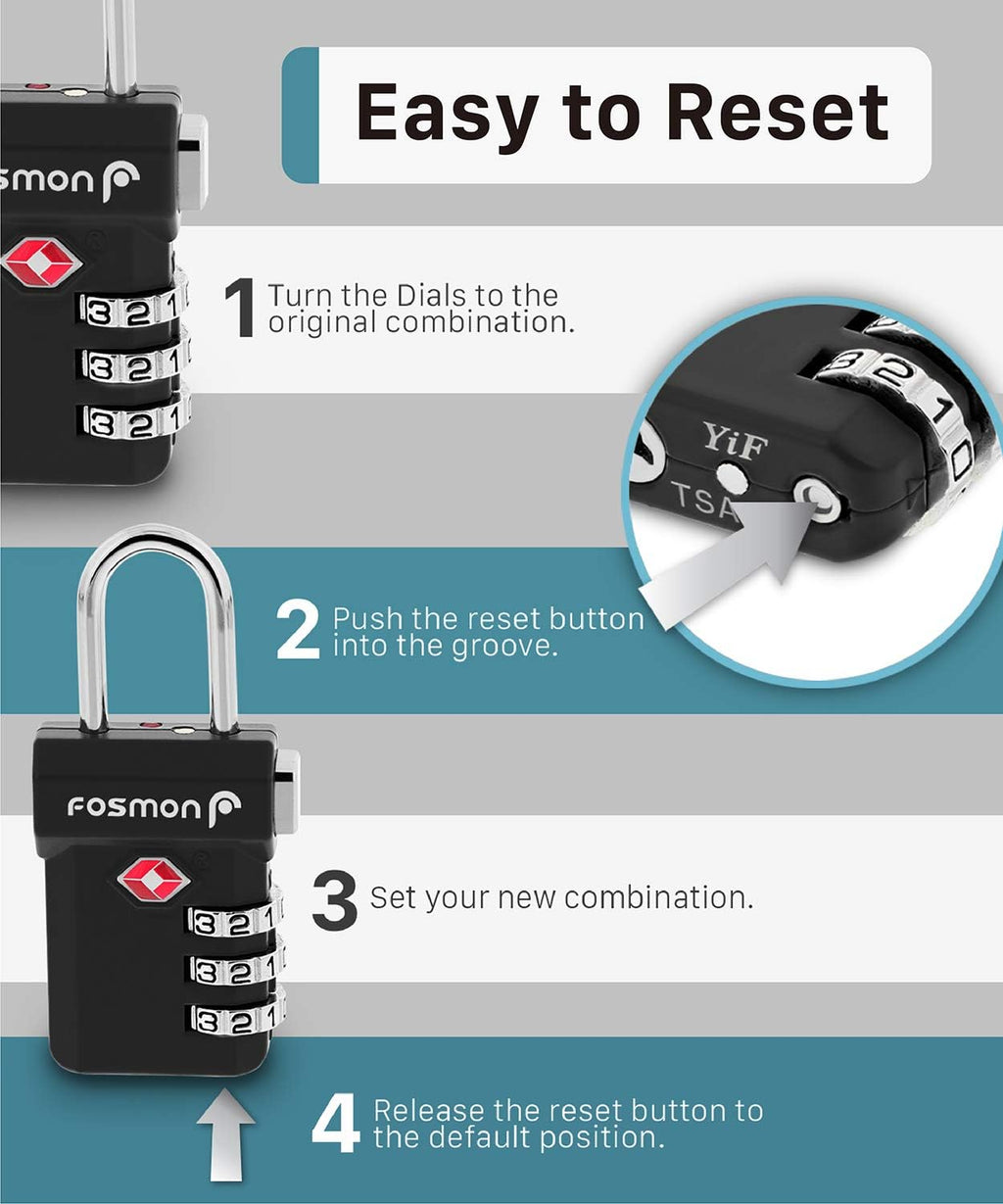 Fosmon TSA Approved Luggage Locks, 3 Digit Combination, 1 Pack Black