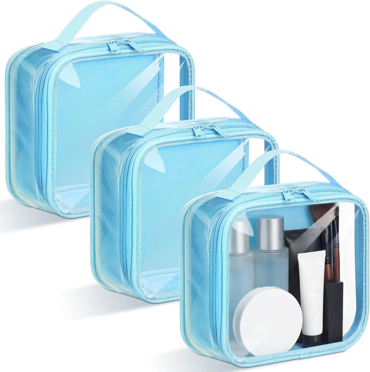 Abbylike 3 Pcs Small Toiletry Bags Reusable Quart Size Travel Liquid Pouch Single-sided Clear PVC Carry-on Organizer with Handle Cosmetic Bags for Airport Security Women Men(Light Blue)