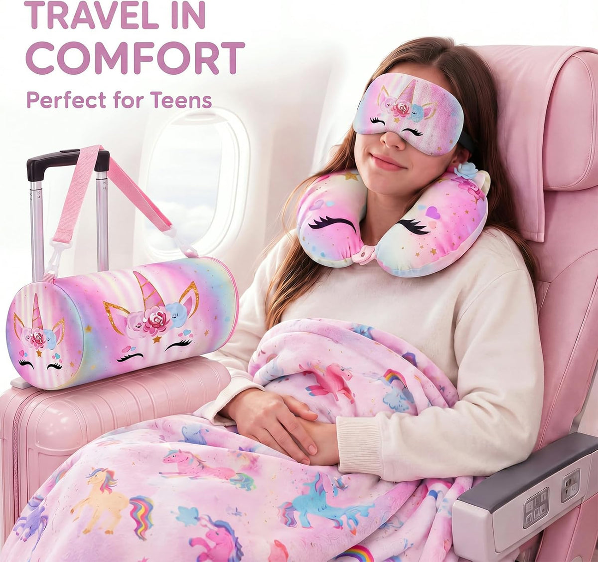 Moukeren 4 Pcs Christmas Unicorn Travel Pillow Blanket Set for Women Girls