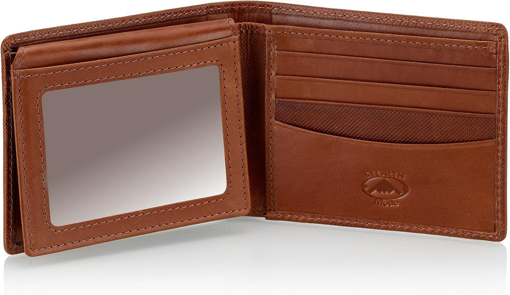 Stealth Mode Leather Bifold Wallet for Men With ID Window and RFID Blocking (Brown Crunch)