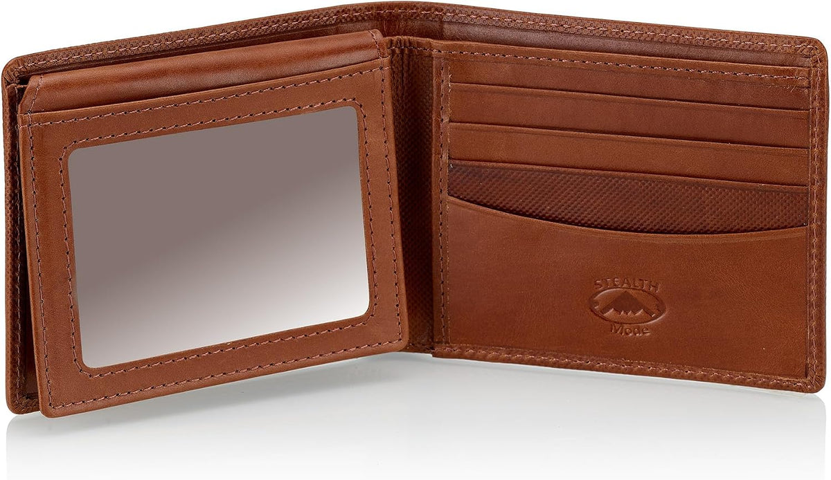 Stealth Mode Leather Bifold Wallet for Men With ID Window and RFID Blocking (Brown Crunch)