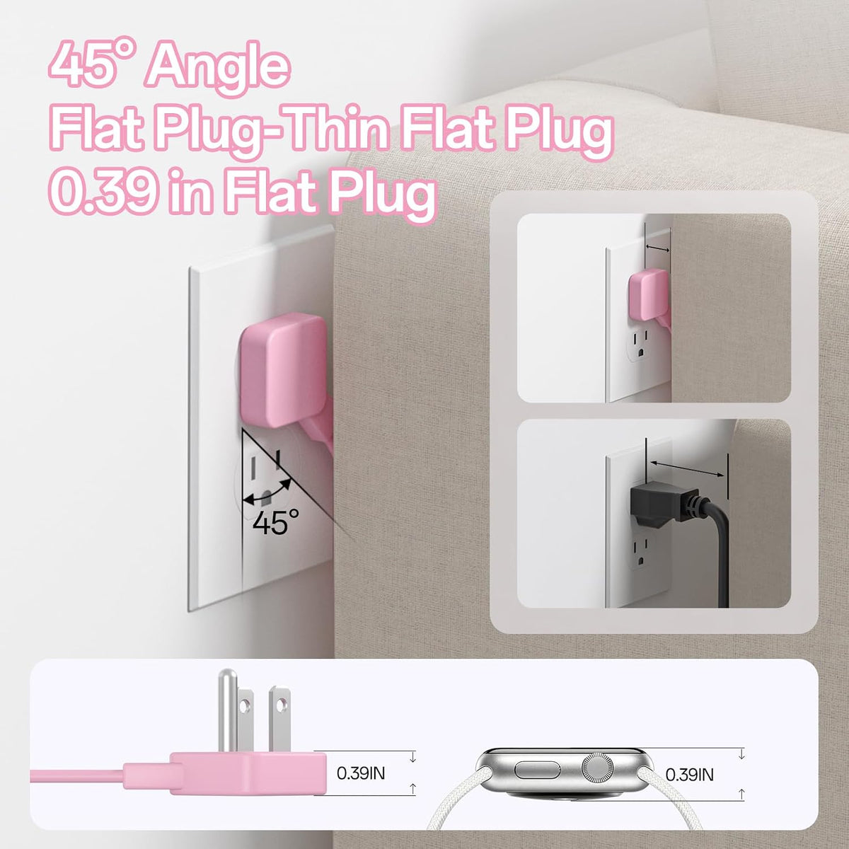2 Pcs Travel Power Strip, SMALLRT Extension Cord with Multiple Outlets, 3.3FT Wrapped Extension Flat Plug Power Strip with 4 AC Outlets for Travel, Hotel, Cruise Approved, No Surge Protection, Pink