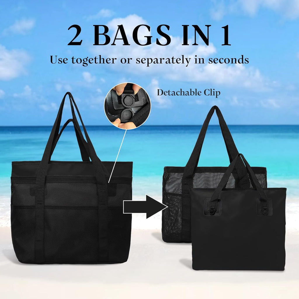miss fong Mesh Beach Bag - Beach Bags for Women Pool Bag Swim Bag – 2-in-1 Waterproof Beach Tote Bag Wet/Dry Separation
