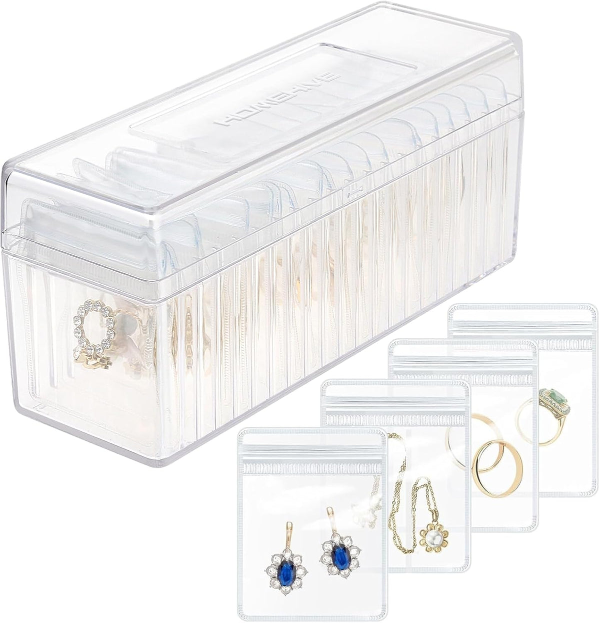 HOMEHIVE Acrylic Jewelry Box Organizer, Clear Jewelry Organizer and Storage with 20 Portable Anti Tarnish Jewelry bags, Travel Jewelry Case for Earrings/Rings/Necklaces Gifts for Women Girls, Clear