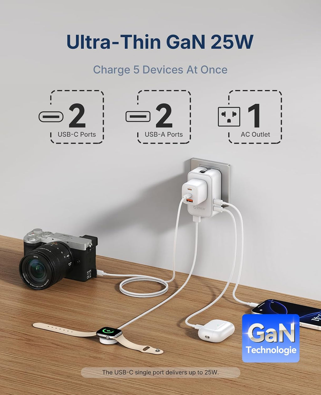 ORICO Ultra-Thin GaN Travel Adapter 25W, International Plug Adapter