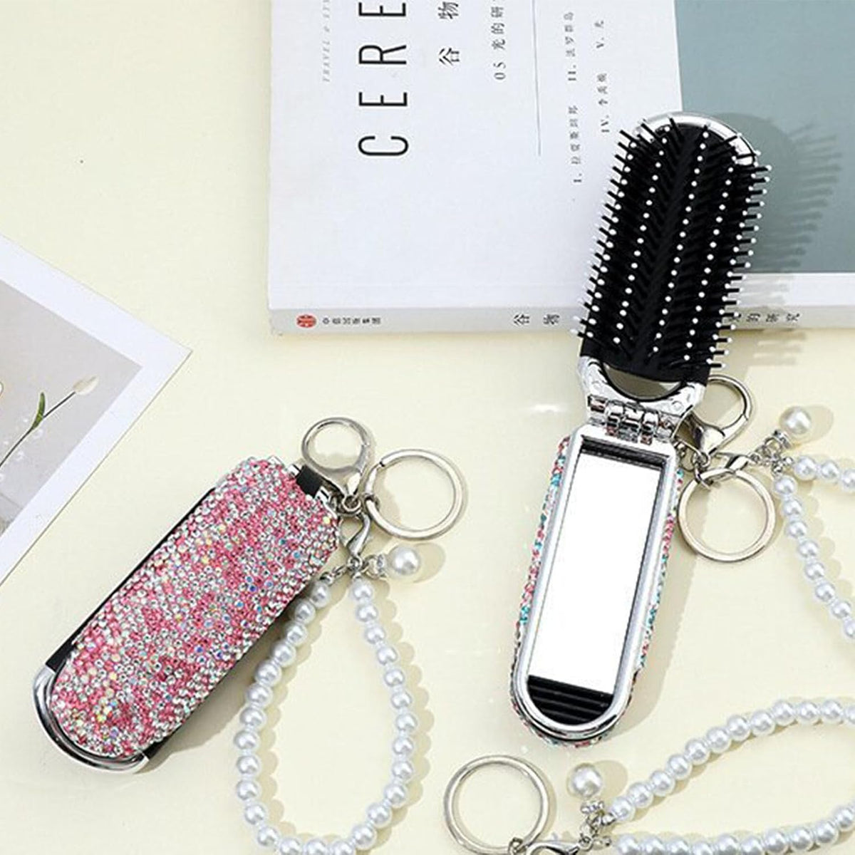 1 Pack Rhinestone Pocket Hair Brush with Mirror Bling Travel Folding Combs Sparkle Portable Collapsible Compact Comb for Women Wedding Party Silver White (With Chain-Pink)