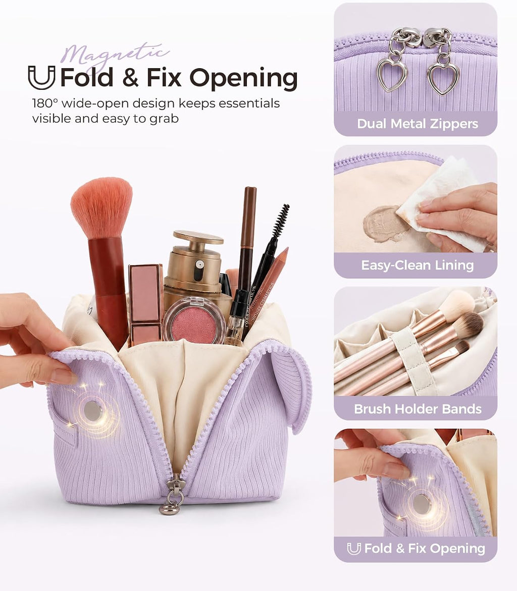 Travel Makeup Bag for Women, Magnetic Fold-Down Design, Purple