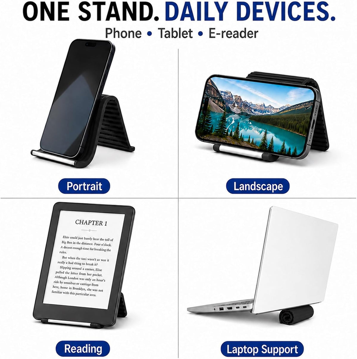 Flexible Silicone Phone Holder, Foldable Stand for Airplane Travel (Black)