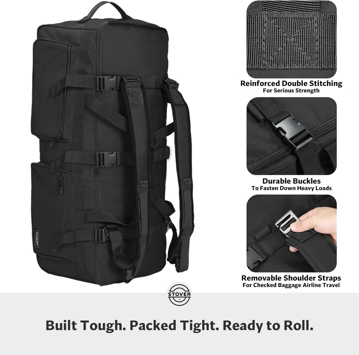 STOVER 45/80/100/120L U-Zip Rolling Duffel Bag with Wheels, X-Large Durable Travel Duffle + Toiletry Bag, Lay-Flat Opening, Packable w/Shoulder Straps- Use as Luggage or Backpack, Men/Women (Black)
