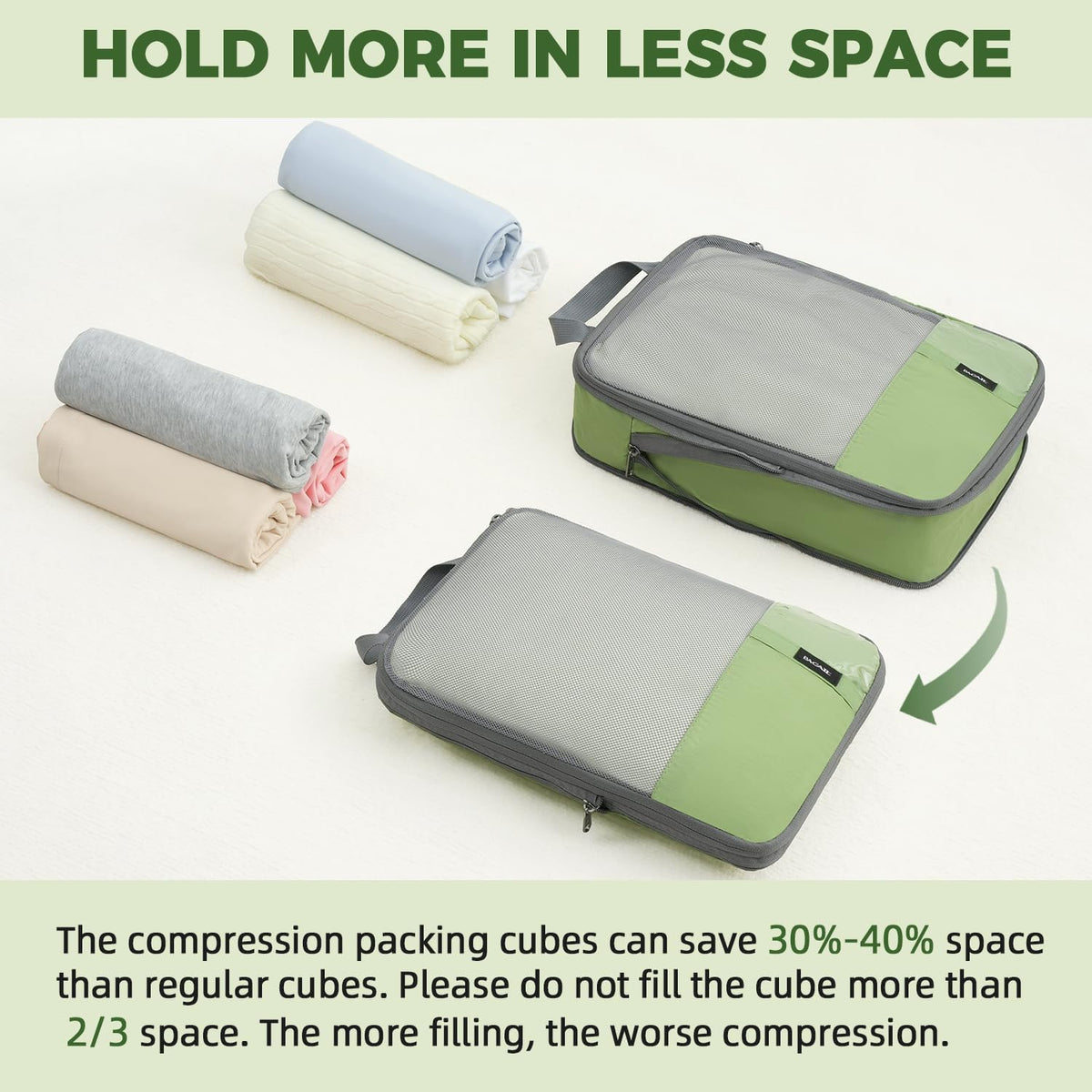 BAGAIL Lightweight Compression Packing Cubes for Travel, 6 Set,Matcha Green