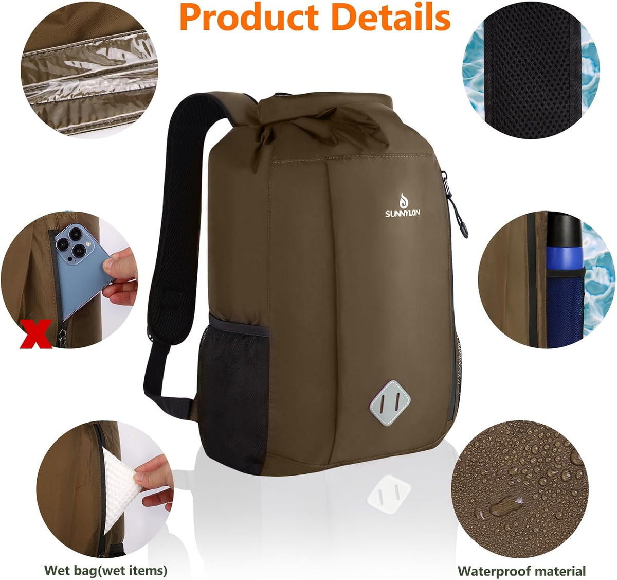 Dry Bag Backpack, 20 L Dry Bag Waterproof with Waist Pouch and Phone Case,Dry bag for kayaking,Marine dry bag for Kayaking, Beach, Rafting, Boating, Hiking, Camping and Fishing (Coffee)