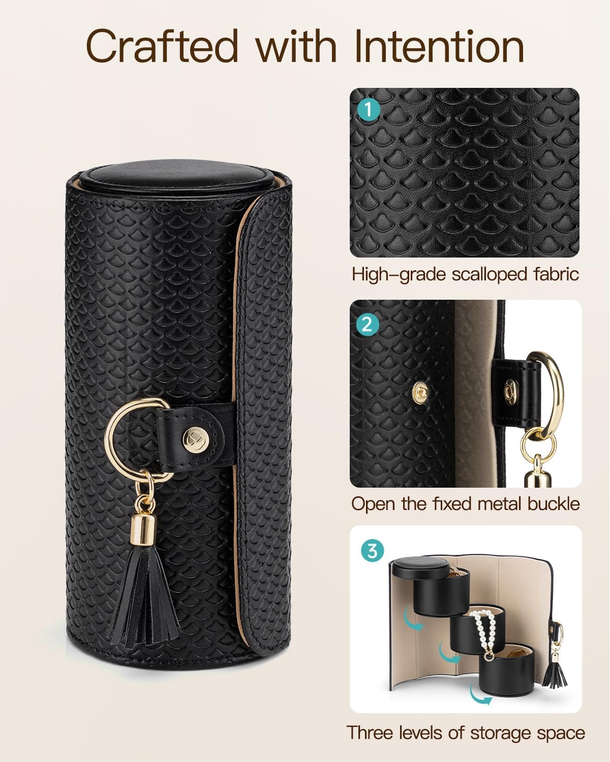 VLANDO Travel Jewelry Organizer, 3 Tier Roll Up Design, Hard Shell Storage