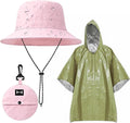 Waterproof Foldable Bucket Hat with Adjustable Chin Strap, Pink, Sun Protection, Includes Hooded Rain Poncho with Rain Poncho