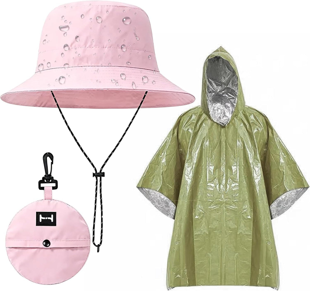 Waterproof Foldable Bucket Hat with Adjustable Chin Strap, Pink, Sun Protection, Includes Hooded Rain Poncho with Rain Poncho