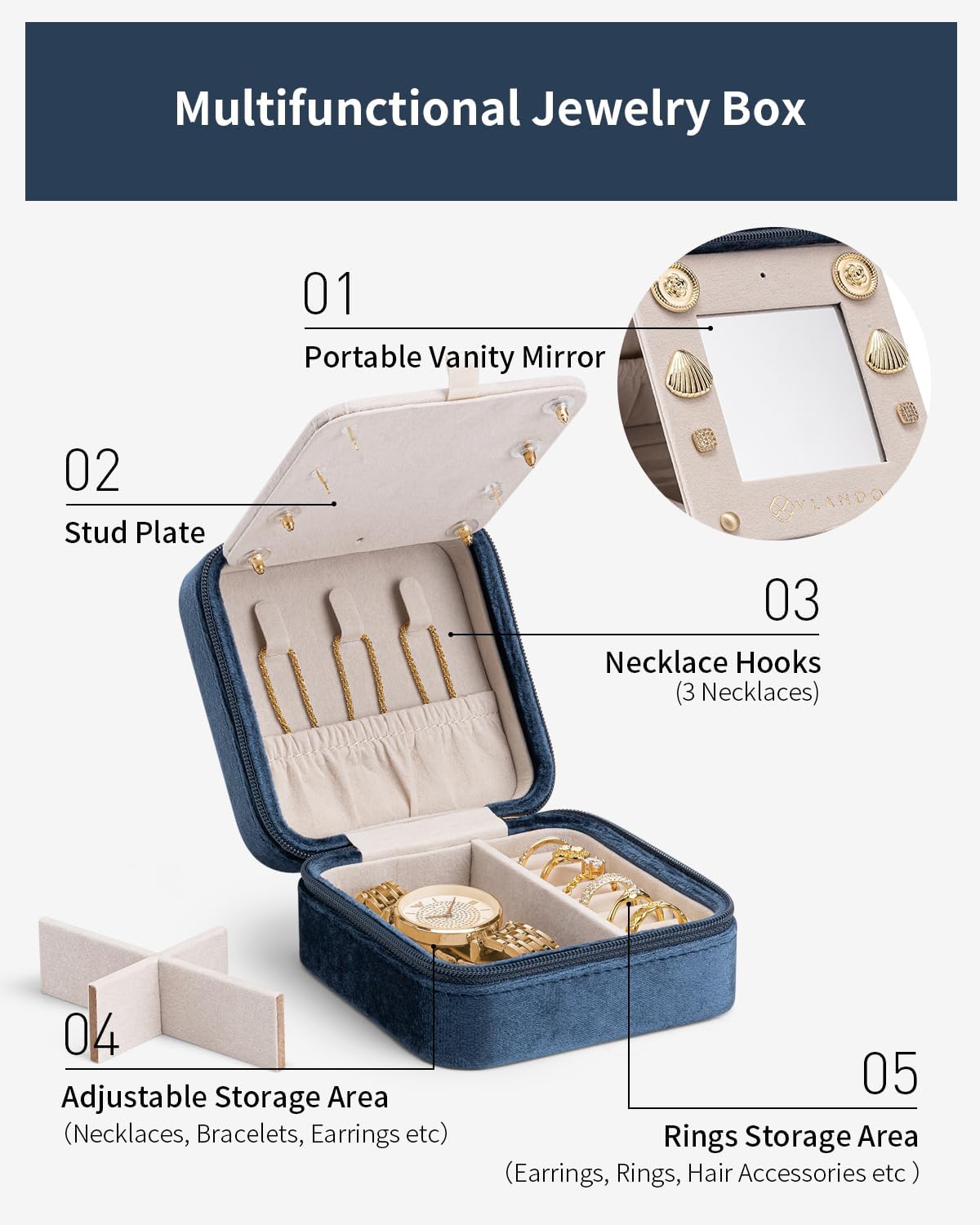 Vlando Valentine's Day Gifts for Her - Bridesmaid Proposal Gifts, Unique Wedding Travel Essentials - Small Jewelry Box, Dark Blue