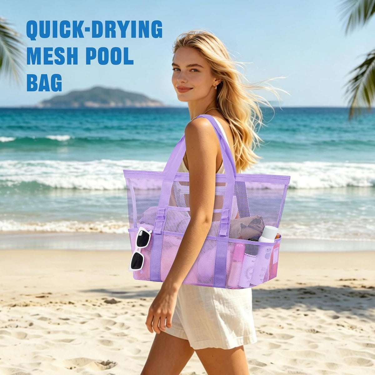 Large Mesh Beach Bag for Women, Sandproof 9-Pocket Beach Tote Bag, Quick-Drying Pool Bag for Travel Vacation