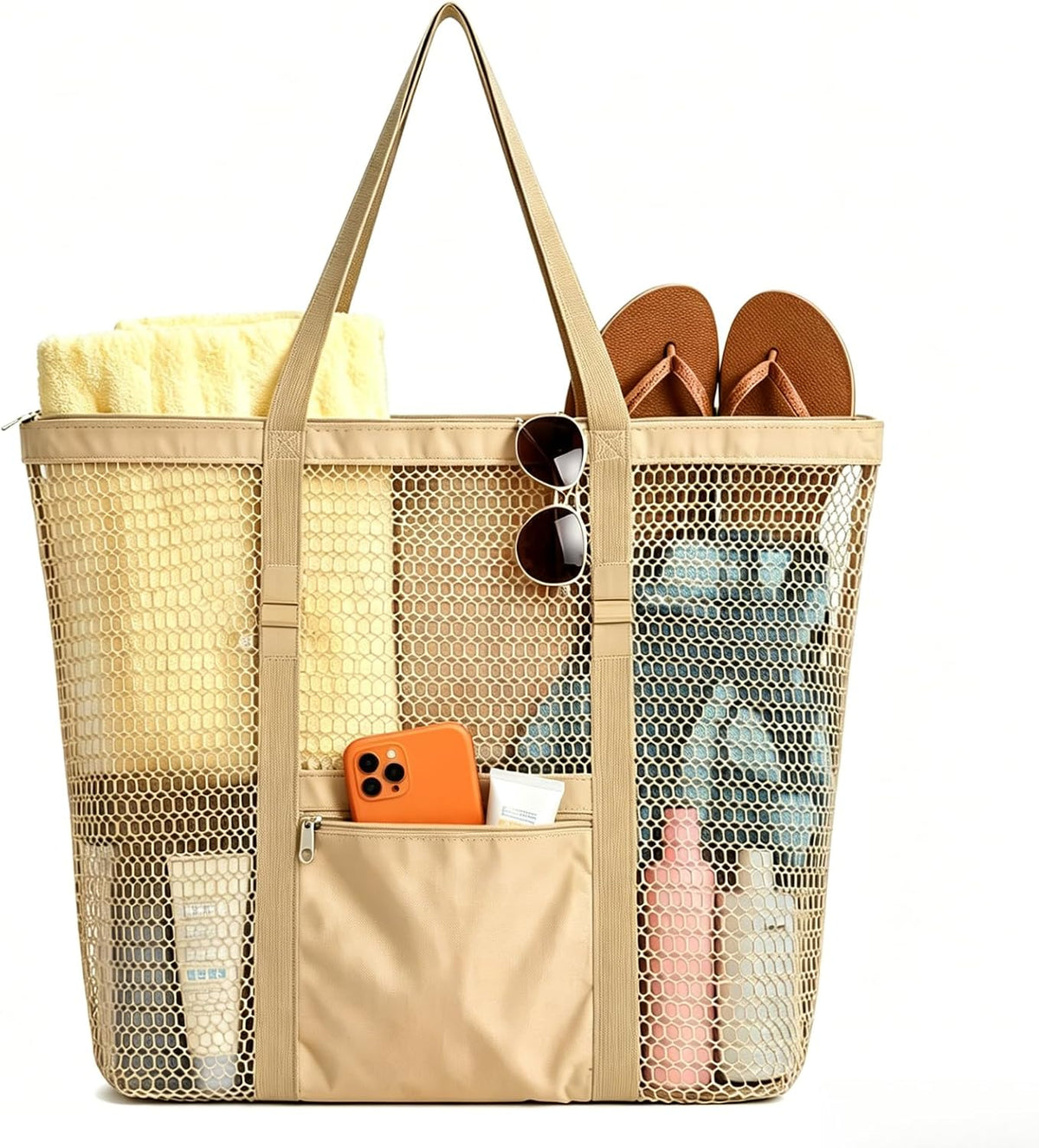 Large Mesh Beach Tote Bag for Women, Foldable Lightweight Swimming Pool Bag with Zipper Top, 2 Waterproof Zipper Pockets, 16L Multi Purpose Travel Gym Shopping Cruise Carry Bag, Brown Solid