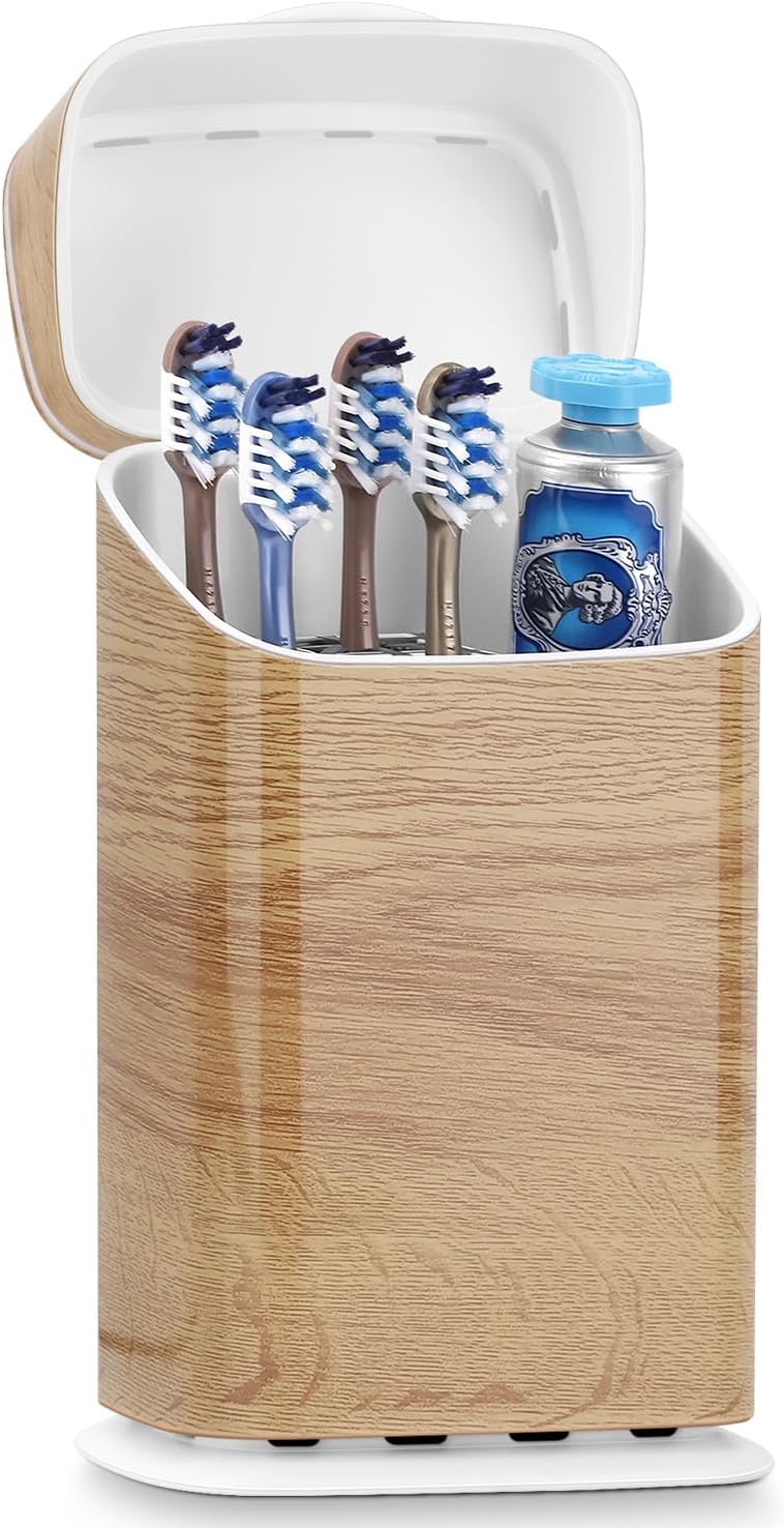 GFWARE Wood Bathroom Toothbrush Holder with Cover, Ventilated & Drainage