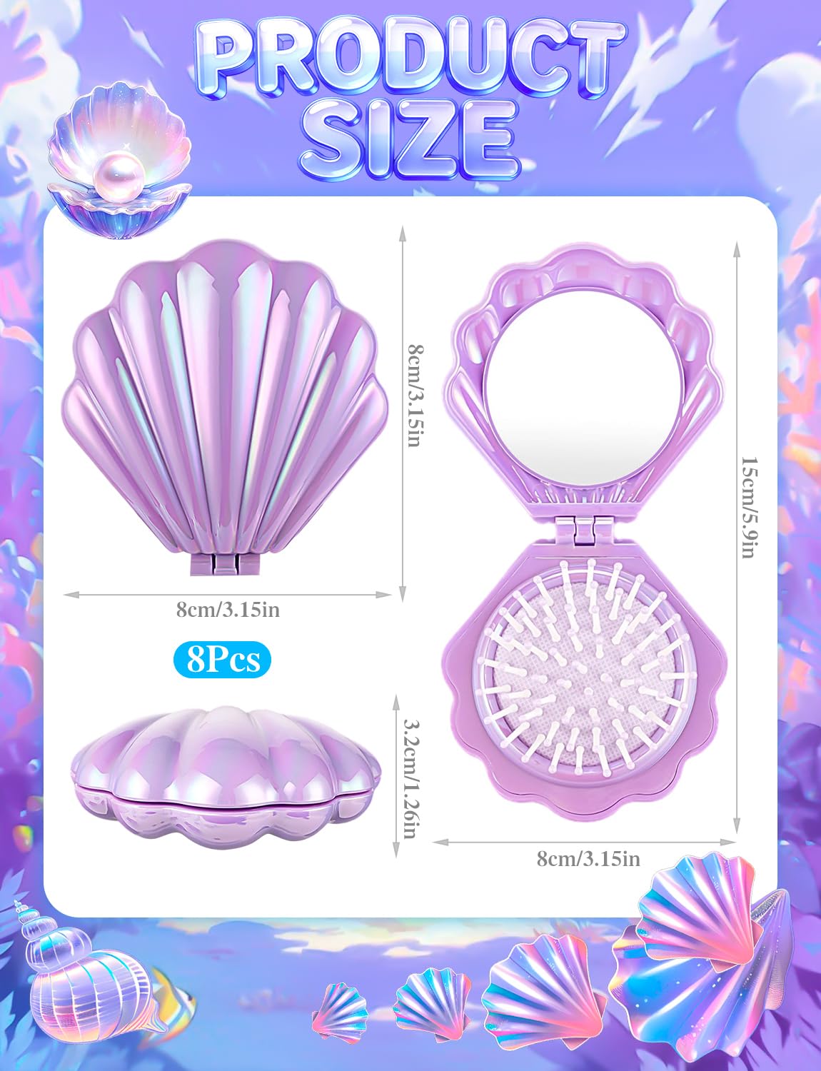 8 Pcs Foldable Travel Shell Hair Brush with Mirror