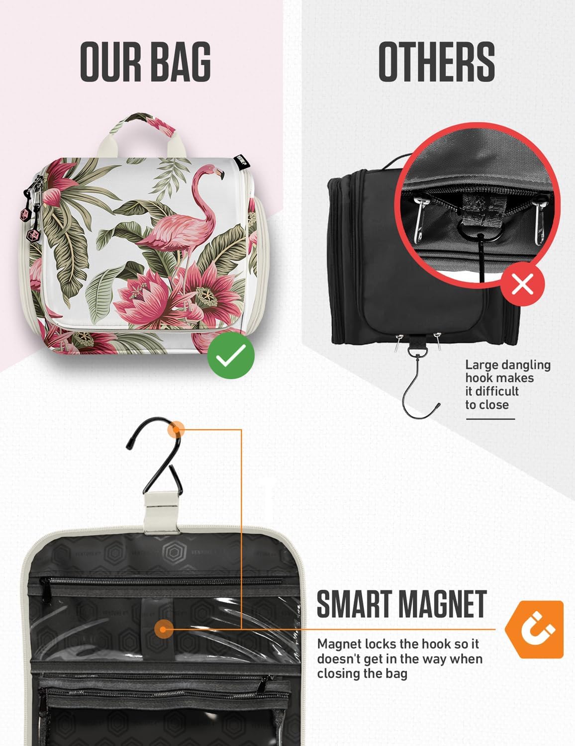 VENTURE 4TH Hanging Travel Toiletry Bag, 17 Compartments - Pink Flamingo