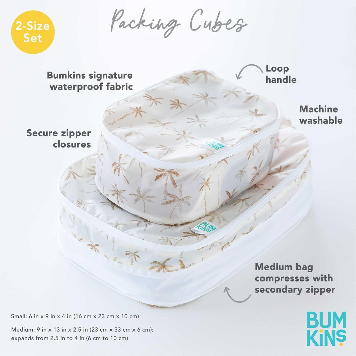Bumkins Packing Cubes for Travel Bag, Organize Luggage with Compression Bags, Essential Traveling Accessories to Pack Carry On Suitcase, Must for Clothes or Toiletries, Set of 2 Sizes, Palm Trees