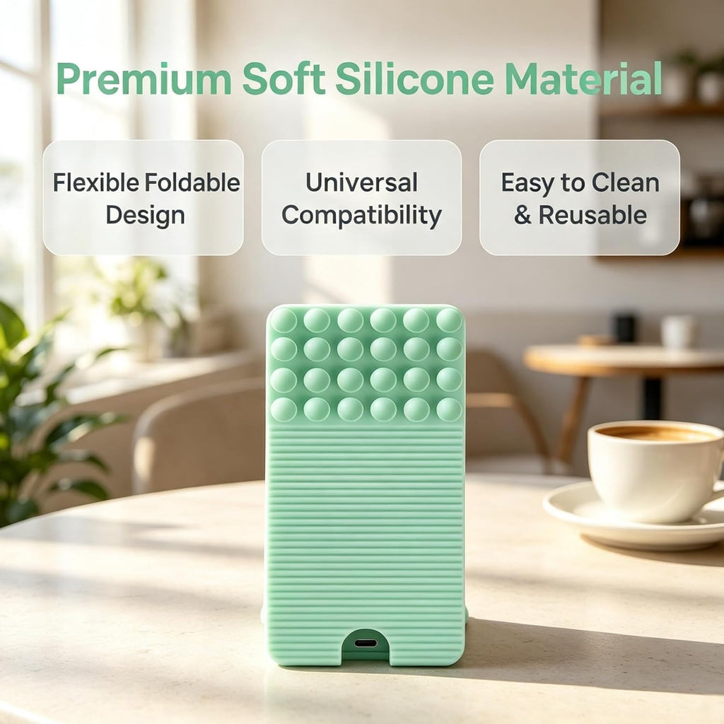 Flexible Silicone Aluminum Phone Holder, Portable Phone Holder with Charging Port Cutout and Suction Cups, Foldable&Rollable, Non-Slip Desk Mount for Airplane Travel