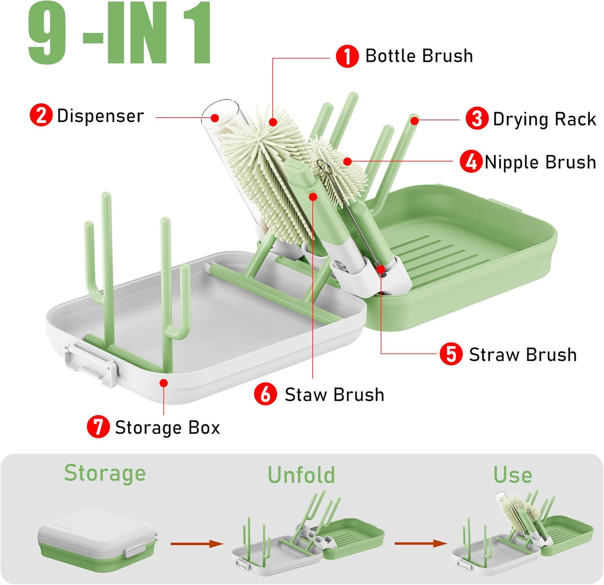 Baby Bottle Brush Set with Drying Rack, Portable Silicone Bottle Cleaner Kit for Bottles, Nipples and Straws, Travel Storage Box for Home and On-The-Go Use（Green）