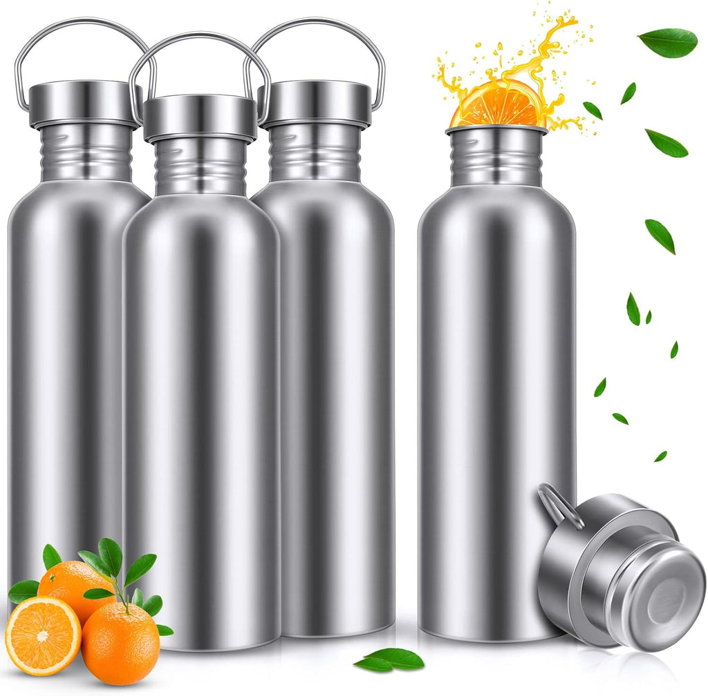 CHENGU 4 Pack Single Wall Stainless Steel Water Bottles 304 18/8 Metal Teachers Gift Water Bottle Camping Bottles for Summer Sports, Cyclists, Runners(Silver,34 oz)