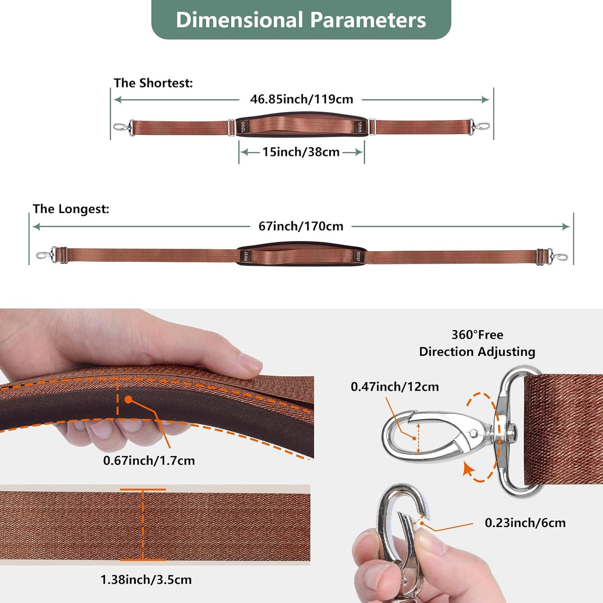 67 Inch Shoulder Straps, Soft with Ultra-Thick Fixed Shoulder Pad, Two Way Independently Adjustable Buckle Replacement Straps for Laptop Bag Messenger Bag Tool Bag Luggage,Brown