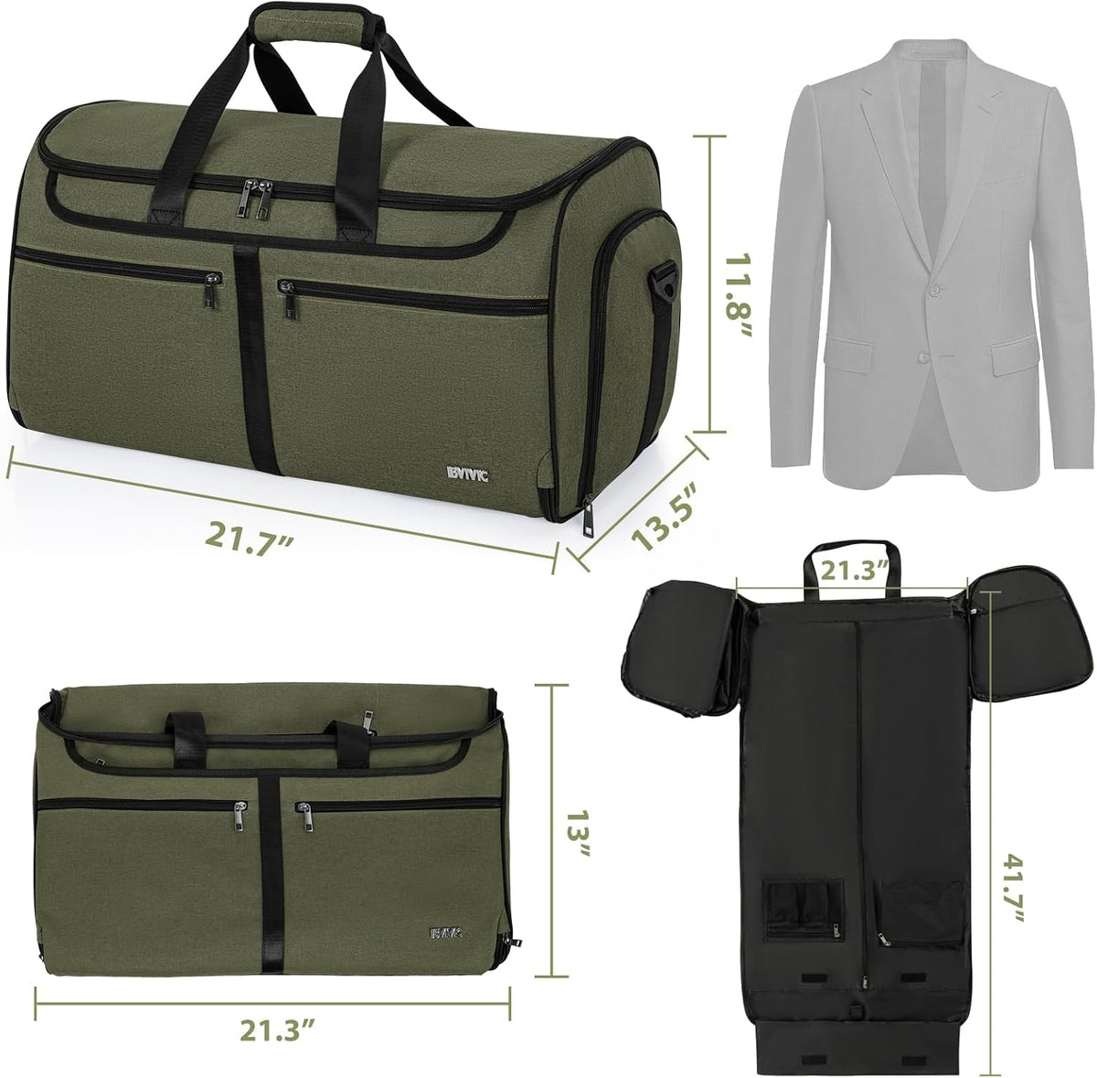IBVIVIC Convertible Garment Bags for Travel, 50L Travel Garment Bag, Green