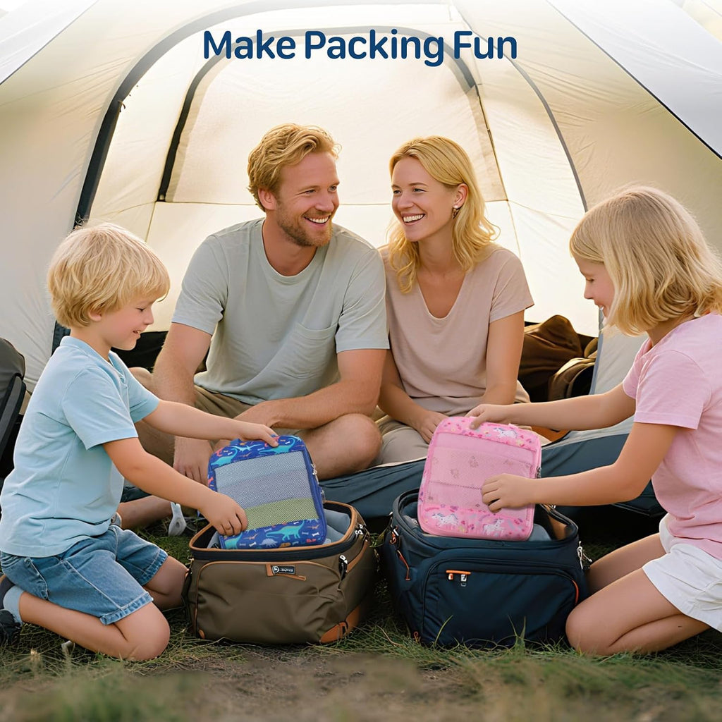 Kids Compression Packing Cubes - 4 PCS Sets, Blue Dinosaur