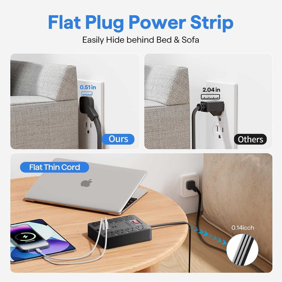 13 in 1 Surge Protector Power Strip Flat Plug 8 Widely AC Outlet 3 USB Ports,1250W/10A，10 ft Extension Cord with Multiple Outlets, Desk Extender for Dorm, Home,Travel，Office Essentials,ETL Listed