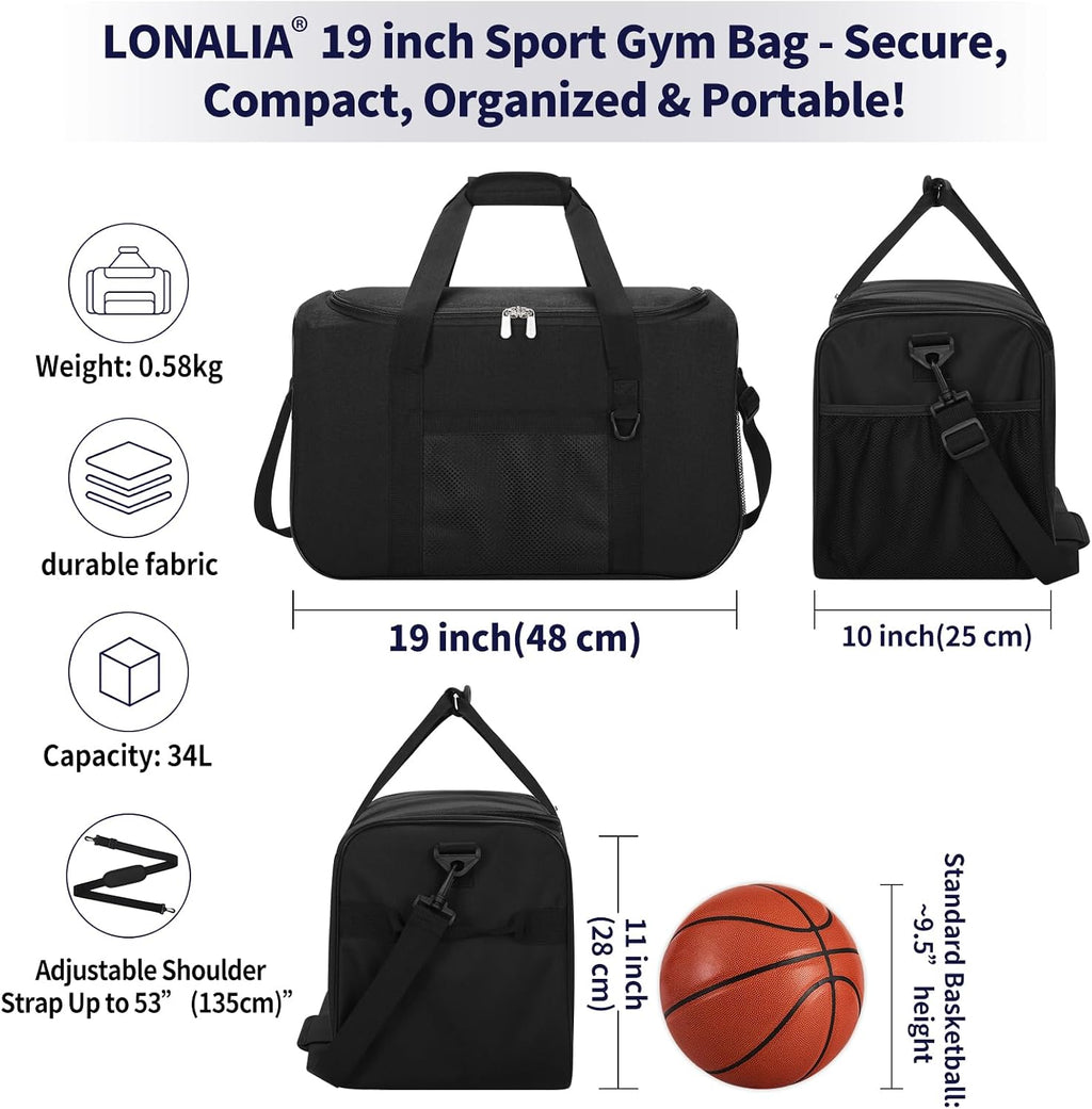 36L Sports Gym Duffle Bag for Men, 19 Inch, Black