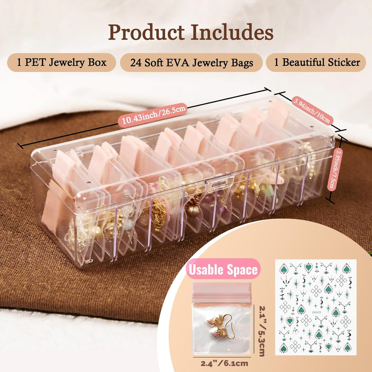 Jewelry Organizer and Storage Box with 24 EVA Anti Tarnish Bags, Travel Acrylic Case for Earrings, Necklaces & Rings, Elegant Gift for Women & Girls (S&Organizer(Clear))
