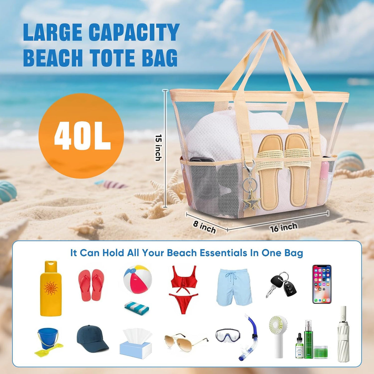 Large Mesh Beach Bag for Women, Sandproof 9-Pocket Beach Tote Bag, Quick-Drying Pool Bag for Travel Vacation