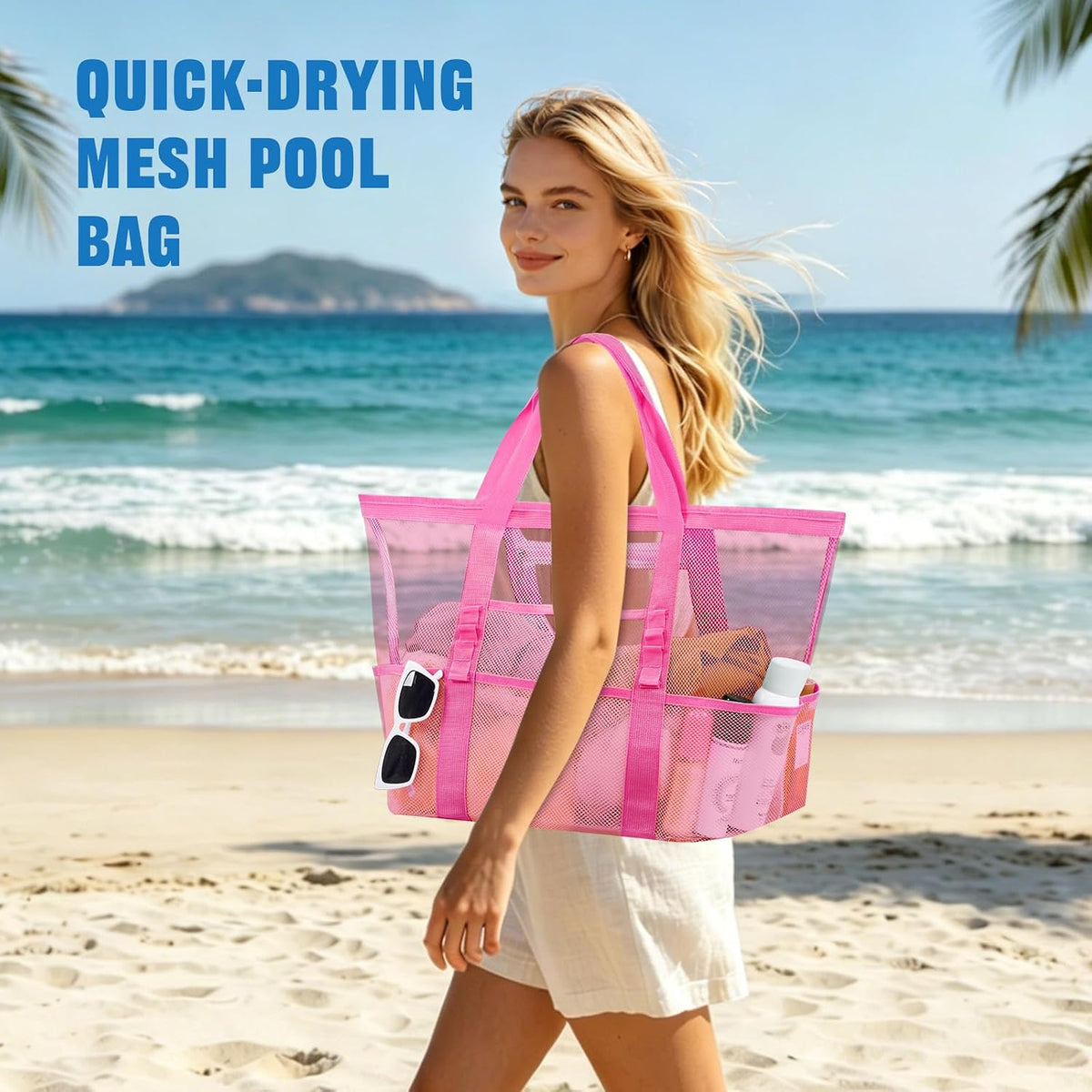 Large Mesh Beach Bag for Women, Sandproof 9-Pocket Beach Tote Bag, Quick-Drying Pool Bag for Travel Vacation