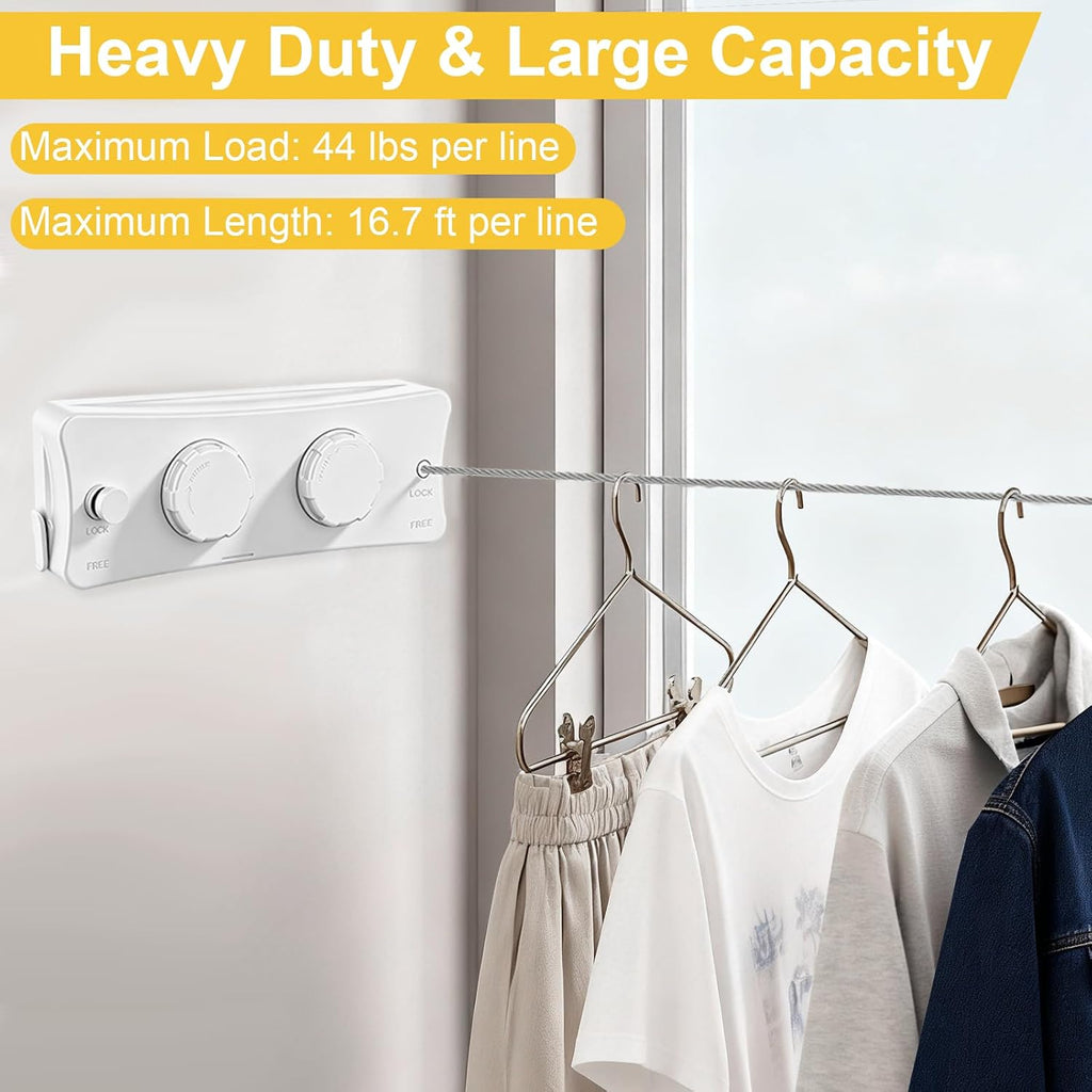 Retractable Clothesline Indoor & Outdoor, 16.7 Ft Non-Sagging Double Clothes Line, Retracting Heavy Duty Clothes Drying Laundry Line, Wall Mounted Stainless Steel Line (White, Dual Line)