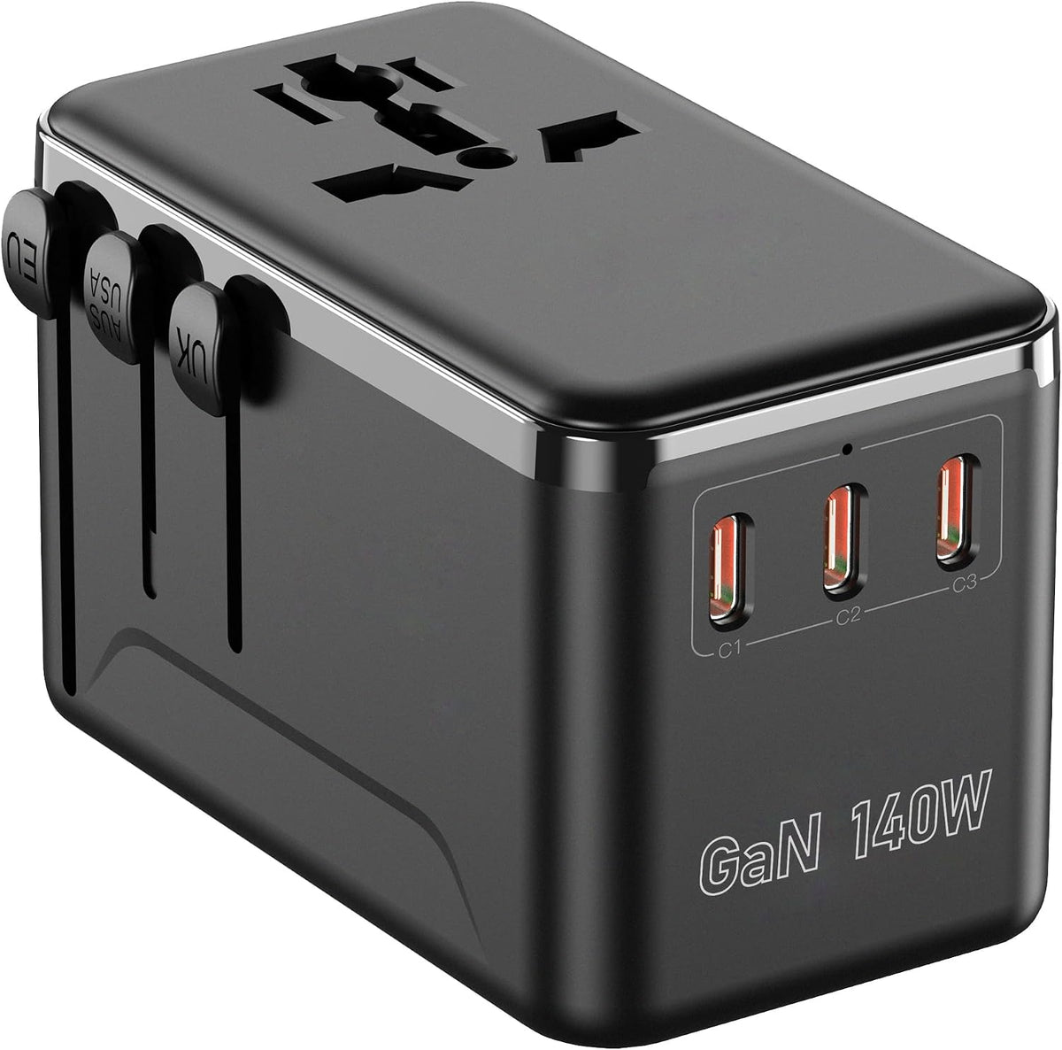 140W GaN Universal Travel Adapter, 4 USB C/A, 2500W AC, 200+ Countries