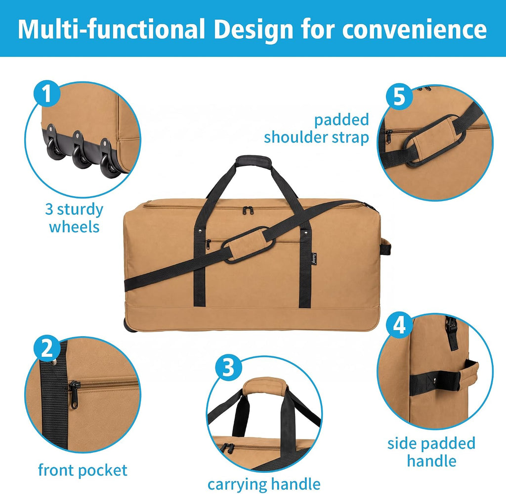 Finnhomy 120L Foldable Rolling Duffel Bag with 3 Wheels, Light Weight Travel Duffel bag with Large Loading Capacity, 32'' Rolling Duffel bag with Shoulder Strap