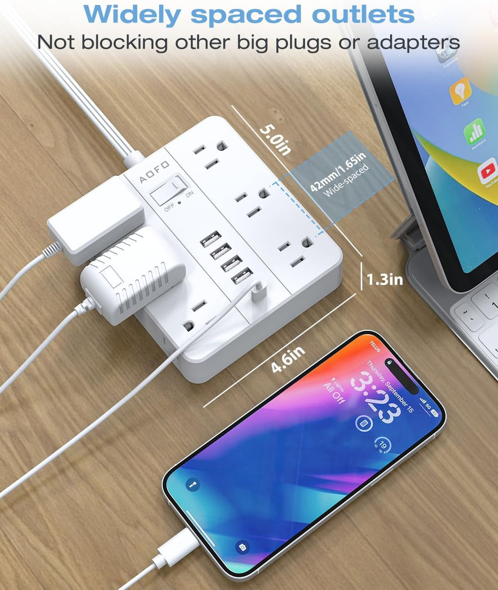 Power Strip Flat Plug,AOFO 5FT Extension Cord with Multiple Outlets