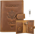 CONTACTS Full Grain Leather Passport Holder RFID Blocking Passport Wallet Compatible with Airtag Travel Passport Cover with SIM Card Removal Tool (Badge, Camel Brown)