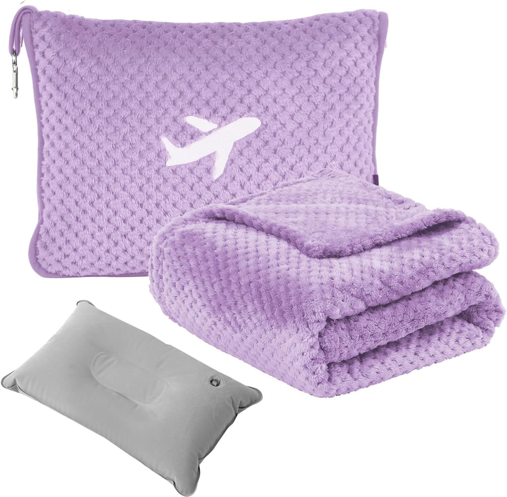 3 in 1 Travel Pillow and Blanket Set - 280 GSM Travel Blanket Airplane Compact with Bag, Inflatable Travel Pillow, Packable Airplane Blanket, Luggage Sleeve & Backpack Clip (Light Purple)