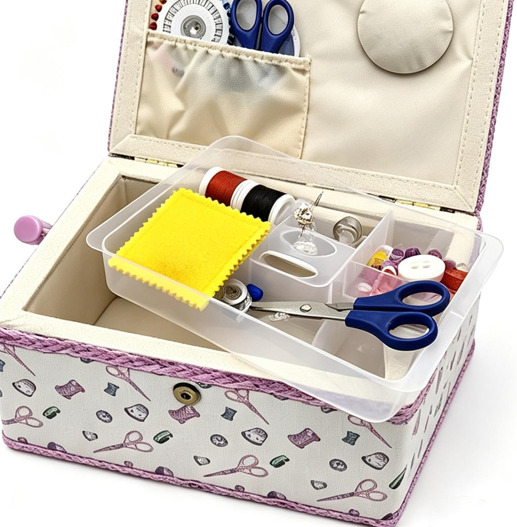Sewing Box with Accessories Set, Fabric Floral Craft Storage Organizer Basket for Women & Girls, Portable Sewing Kit for Beginner, Travel, Mending, Embroidery Supplies