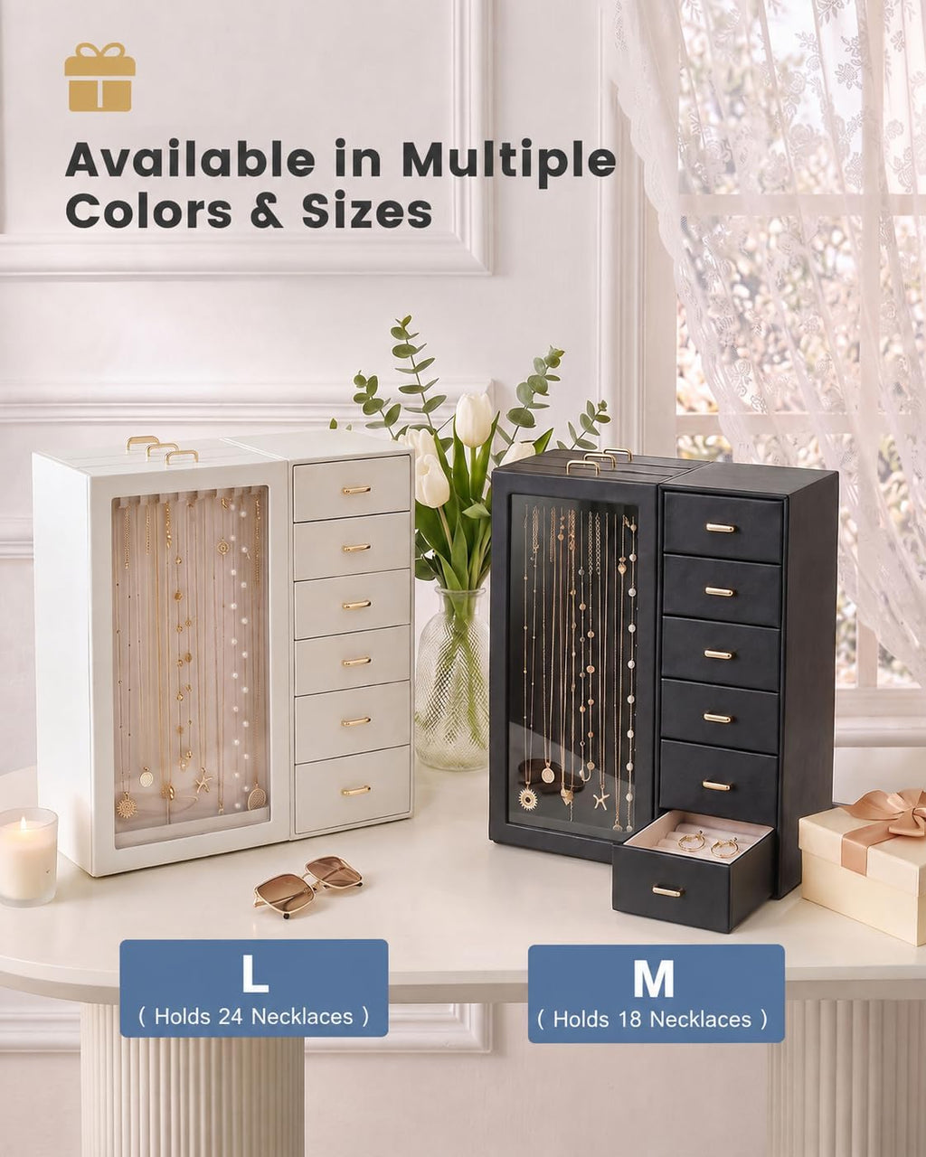 Lolalet Large Jewelry Box Organizer for Women, PU Leather Jewelry Case with Necklace Holder & Multiple Drawers, Tabletop Dresser Storage for Earrings Rings Chains, Gift for Girls -L, Beige