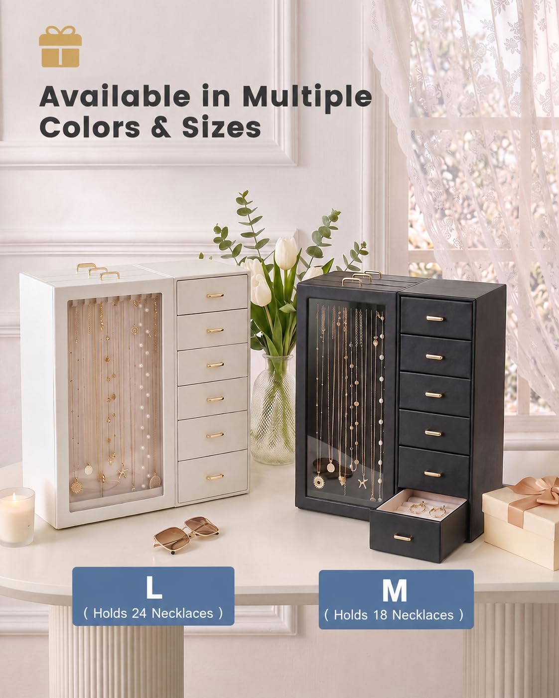 Lolalet Large Jewelry Box Organizer for Women, PU Leather Jewelry Case with Necklace Holder & Multiple Drawers, Tabletop Dresser Storage for Earrings Rings Chains, Gift for Girls -L, Beige