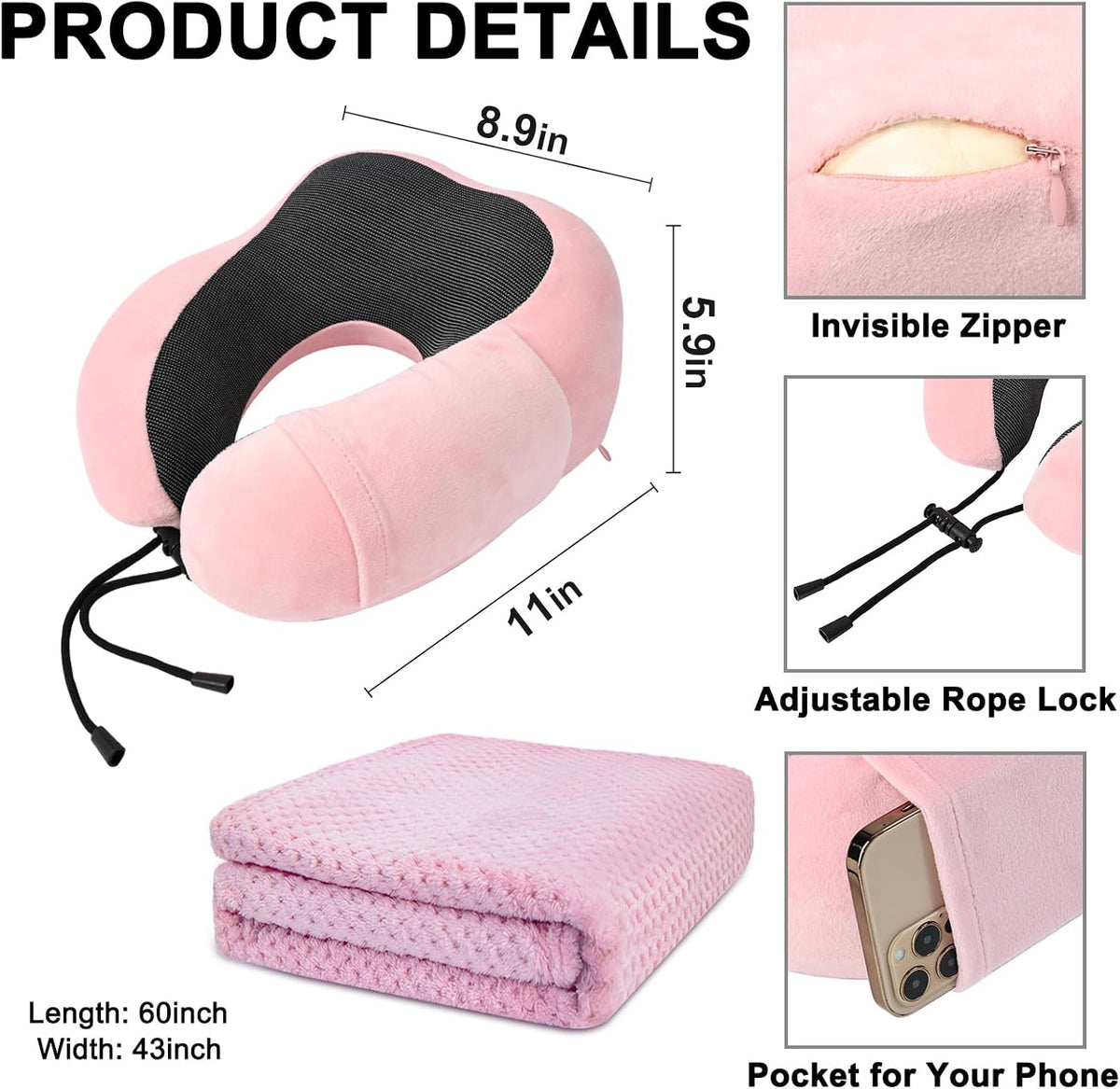 urnexttour Travel Pillow and Blanket Set Neck Pillow Airplane Memory Pink