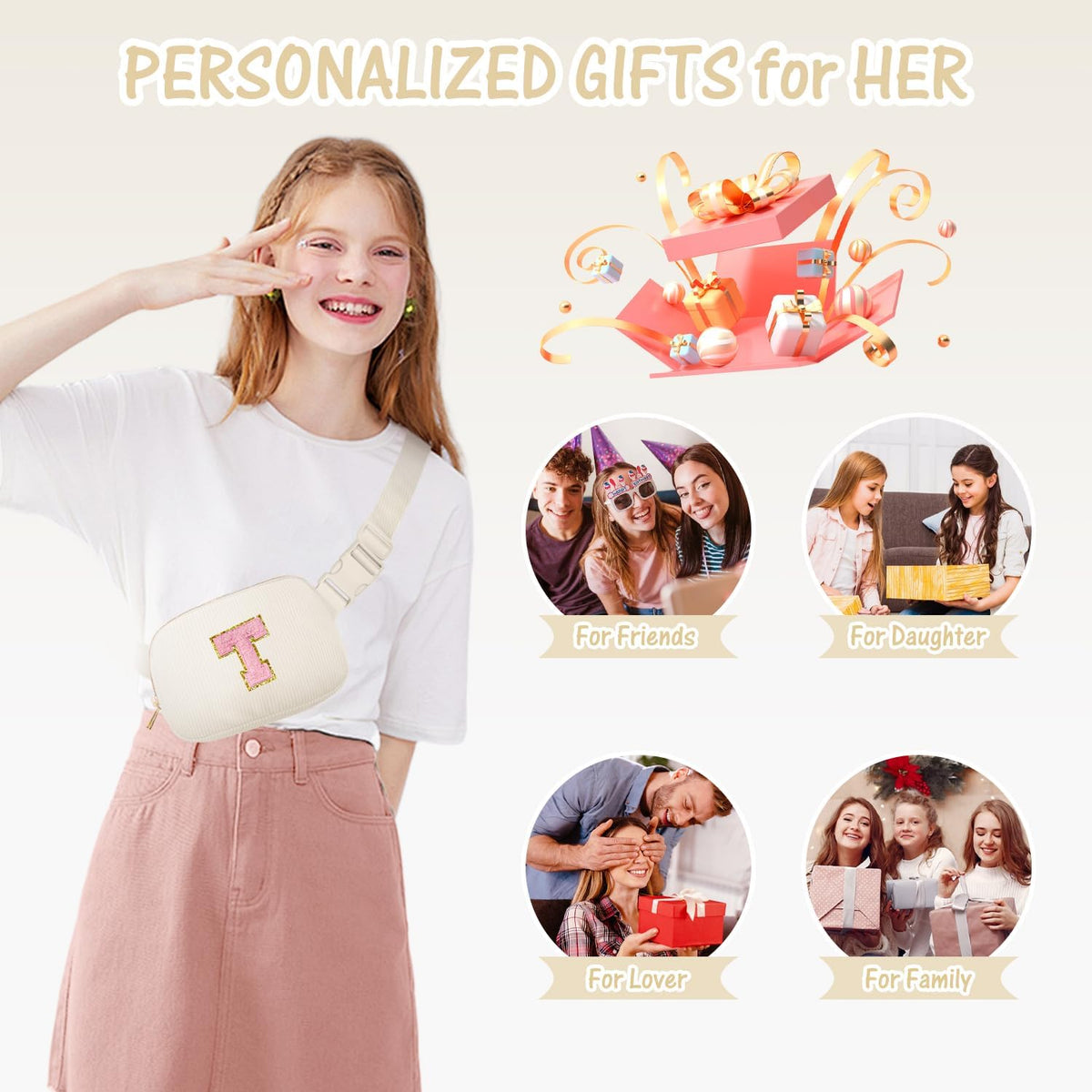 Gitus Gifts for Teen Girls Birthday Gifts for Daughter Sister Friends Initial Belt Bag Fanny Pack Crossbody Bags Girls Gifts Age 6-8 8-10 10-12 Trendy Stuff Travel Essentials (Ivory-T)